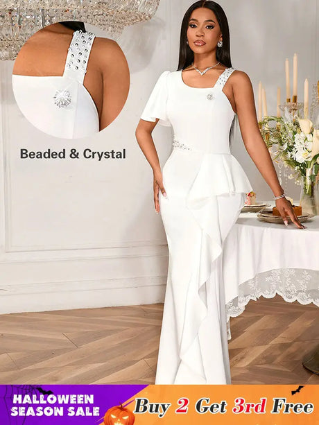 AOMEIDRESS White Maxi One Shoulder Beading Ruffles Bridal Shower Dress White / S