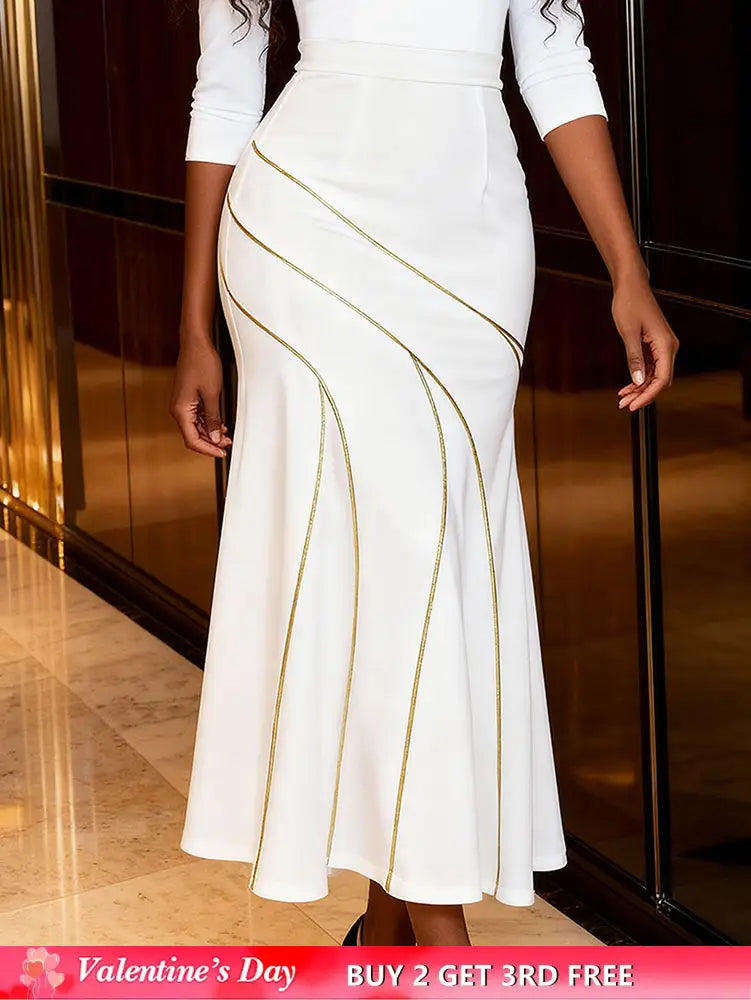 AOMEIDRESS White Mermaid Skirt Gold Trim Elegant Slim Party Outfit White / S