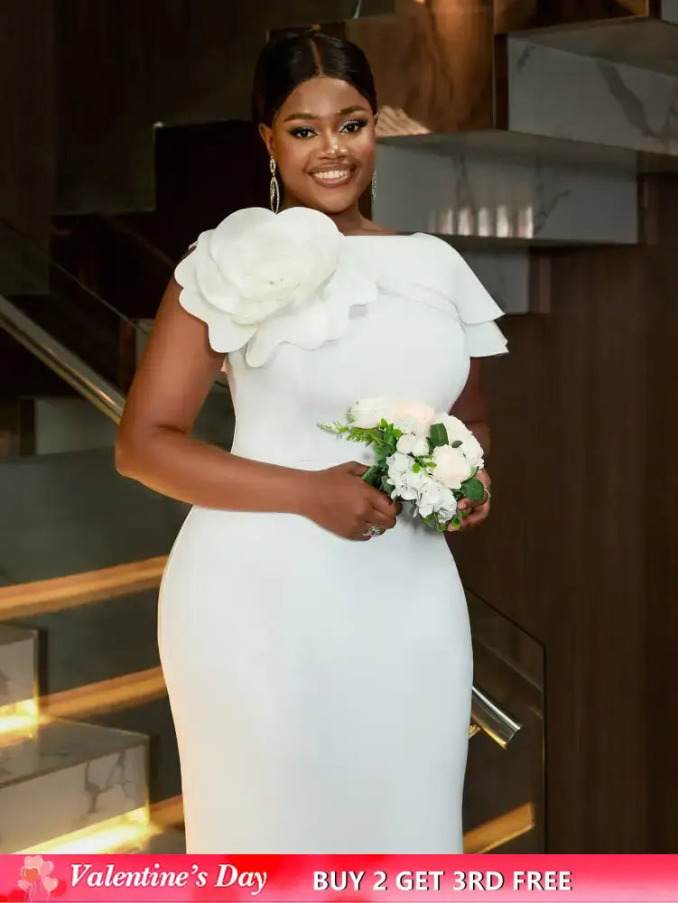 Elegant White Wedding Guest Dress For Women 3D Flower One Shoulder Slim Fit Long Dresses Banquet Prom Birthday Gowns Plus Size