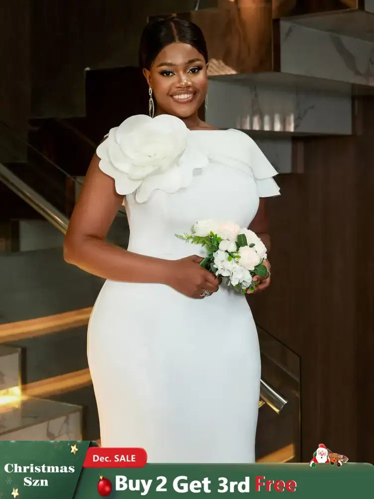 Elegant White Wedding Guest Dress For Women 3D Flower One Shoulder Slim Fit Long Dresses Banquet Prom Birthday Gowns Plus Size