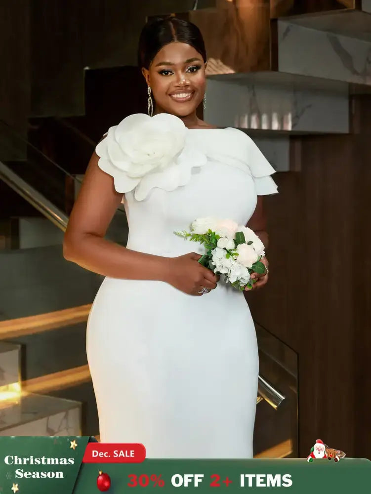 Elegant White Wedding Guest Dress For Women 3D Flower One Shoulder Slim Fit Long Dresses Banquet Prom Birthday Gowns Plus Size