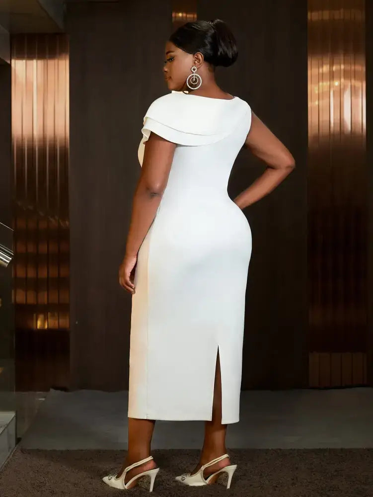 Women's White Dress Formal Short Sleeved Round Neck 3D Asymmetrical Flower Design Midi Dress 2025 Spring Wedding Evening Dresses