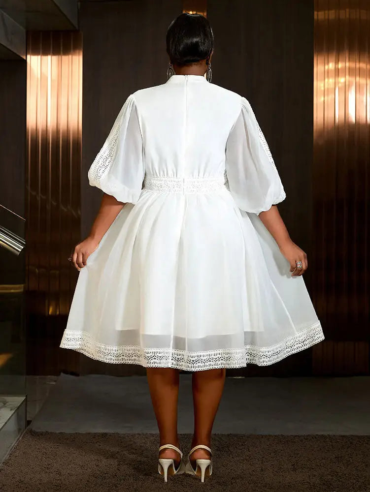 AOMEIDRESS White Organza Lace A Line Wedding Guests Dress Puff Sleeve