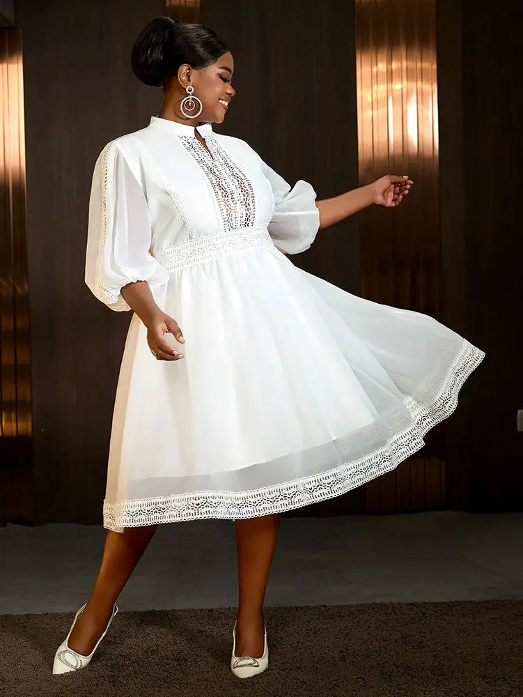 AOMEIDRESS White Organza Lace A Line Wedding Guests Dress Puff Sleeve