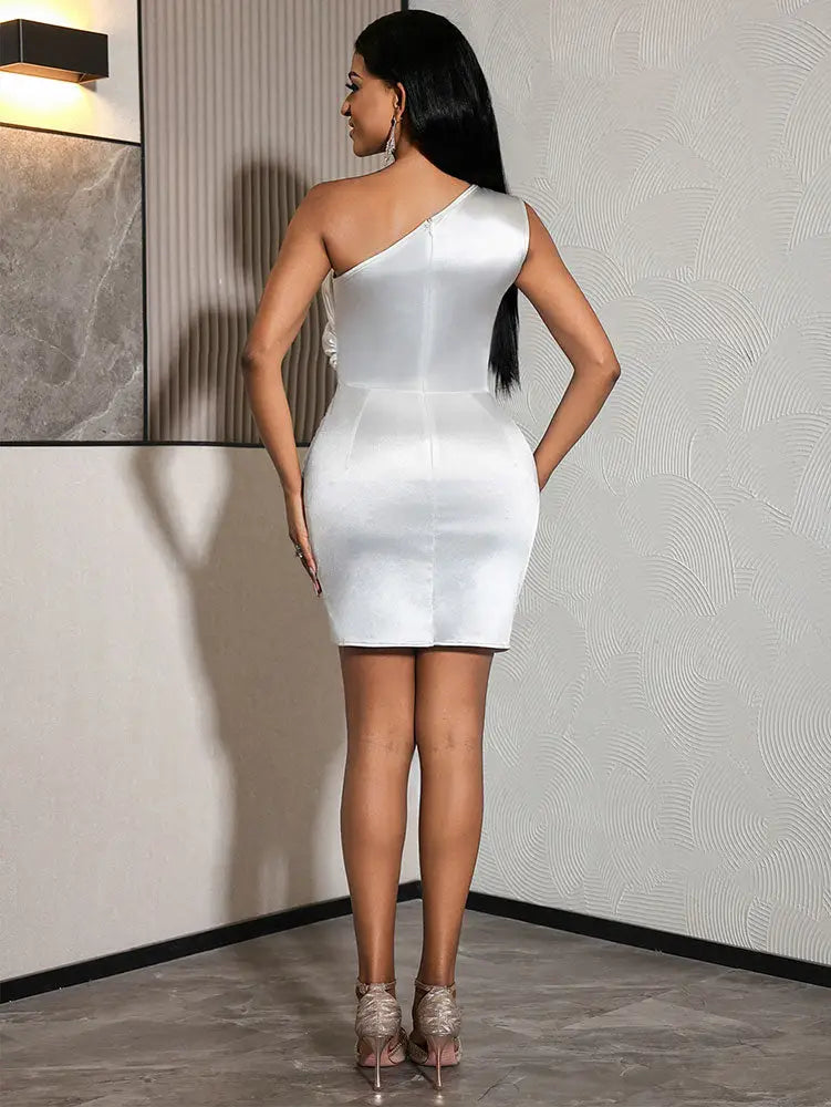 AOMEIDRESS White Satin One Shoulder Bodycon Dress with Big Flower