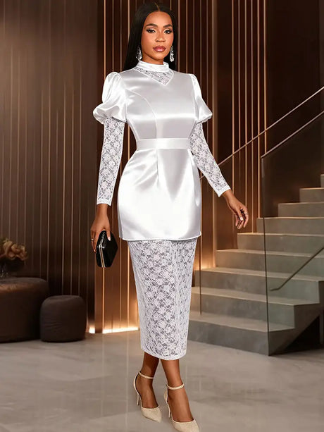 AOMEIDRESS White Satin Patchwork Lace Dress Long Sleeve Slim Gowns