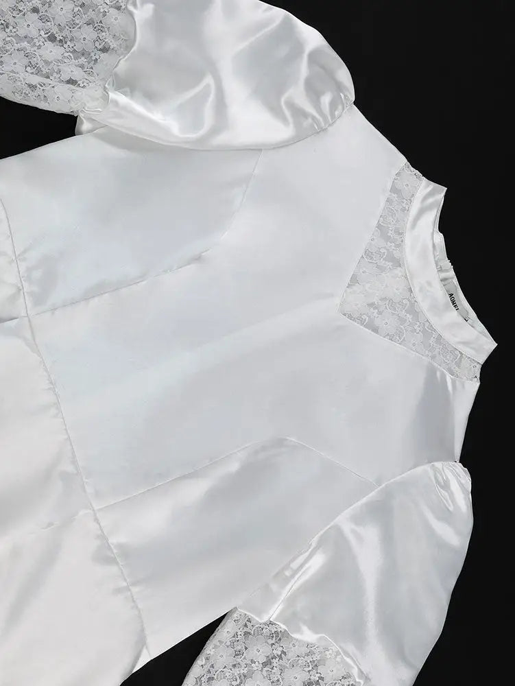 AOMEIDRESS White Satin Patchwork Lace Dress Long Sleeve Slim Gowns