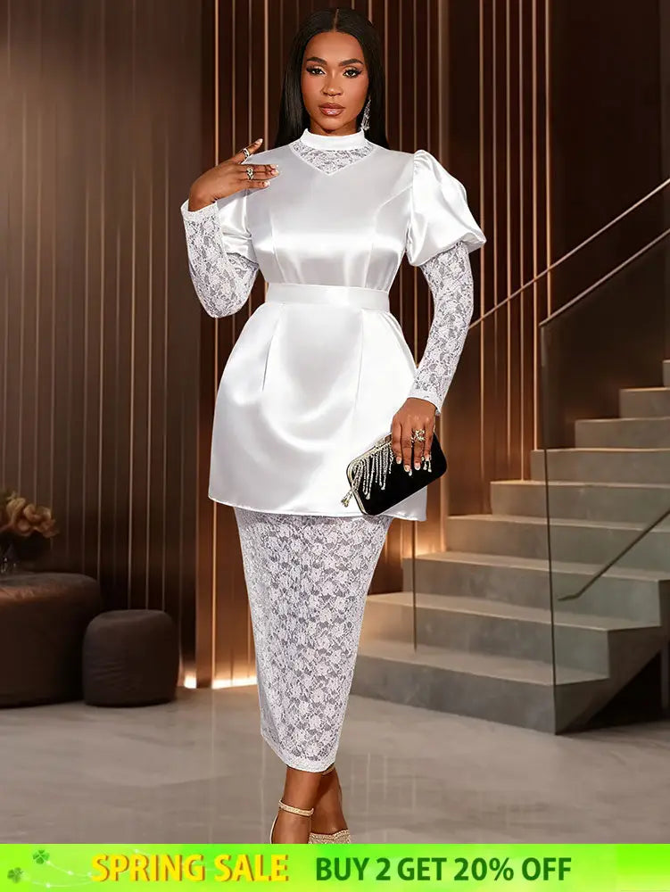 AOMEIDRESS White Satin Patchwork Lace Dress Long Sleeve Slim Gowns White / S