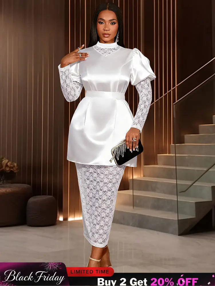 AOMEIDRESS White Satin Patchwork Lace Dress Long Sleeve Slim Gowns White / S
