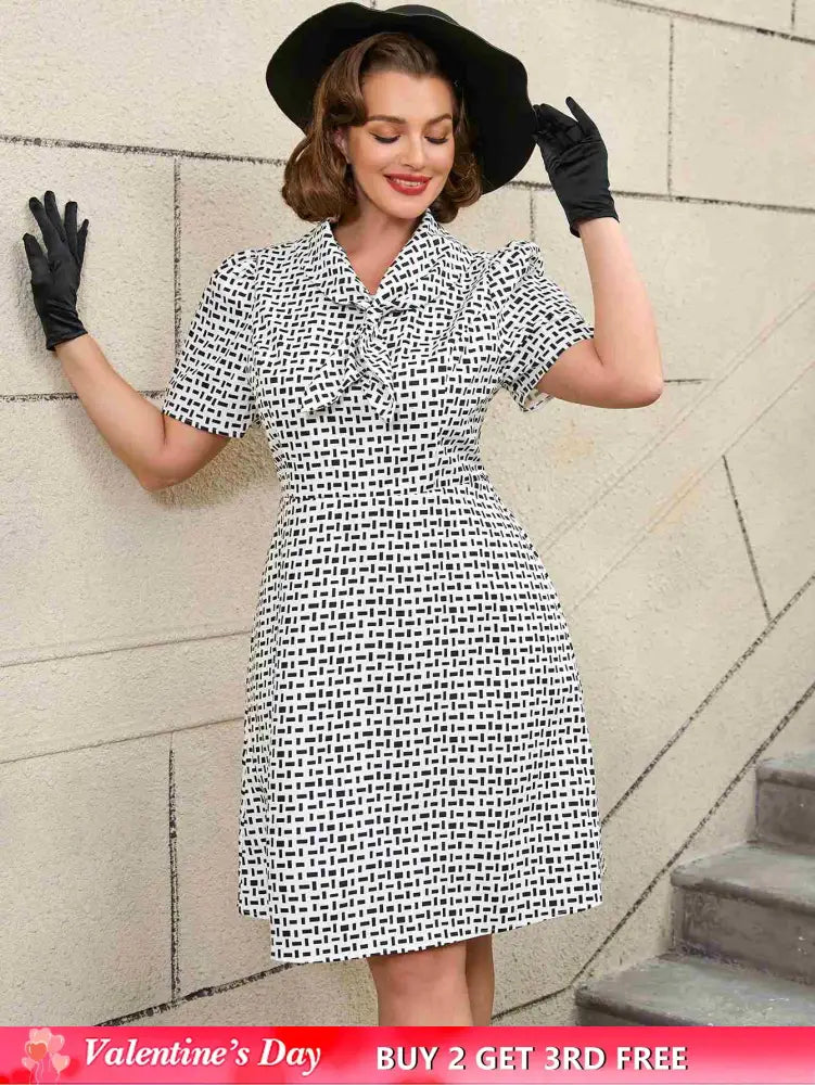 AOMEIDRESS White Short Sleeve A Line Mini Dress with Tie Neck White / S Printed Dresses