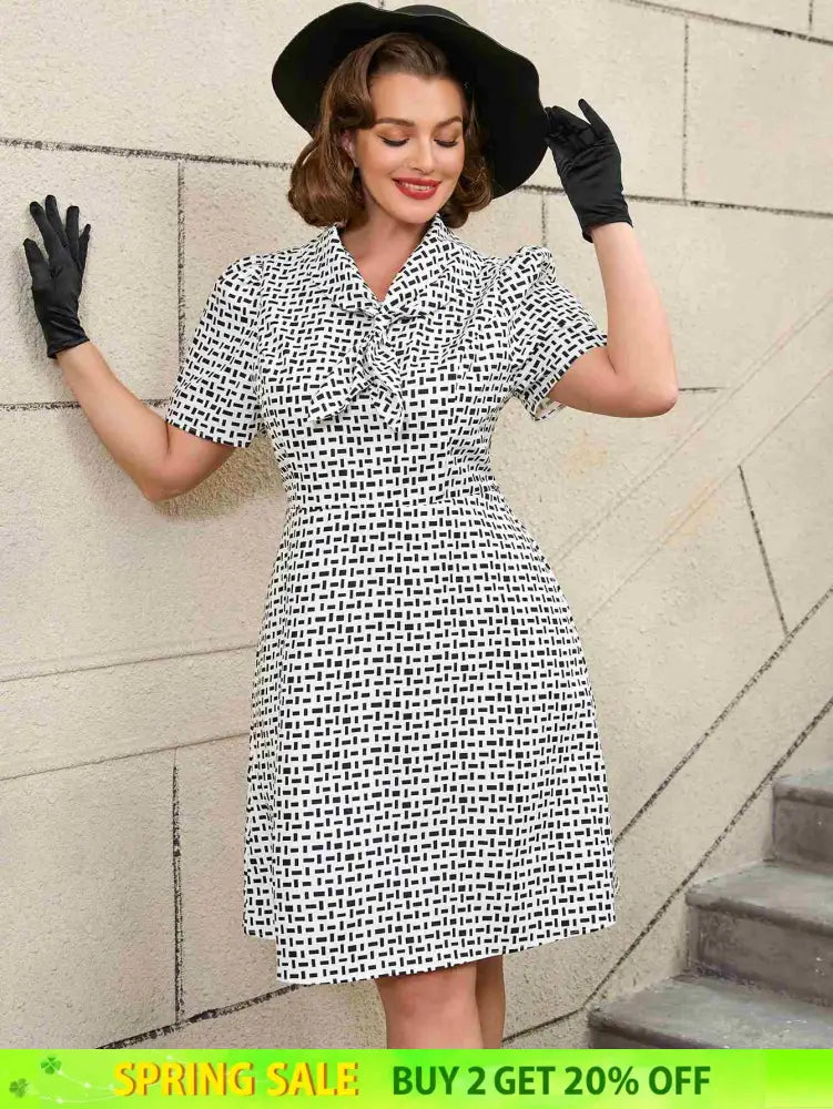 AOMEIDRESS White Short Sleeve A Line Mini Dress with Tie Neck White / S Printed Dresses