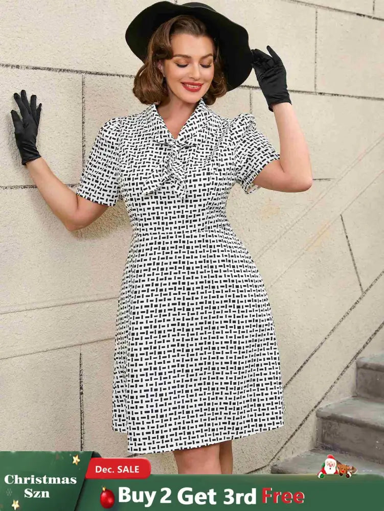 AOMEIDRESS White Short Sleeve A Line Mini Dress with Tie Neck White / S Printed Dresses