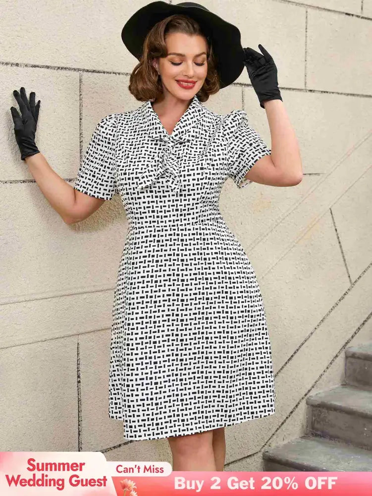 AOMEIDRESS White Short Sleeve A Line Mini Dress with Tie Neck White / S Printed Dresses