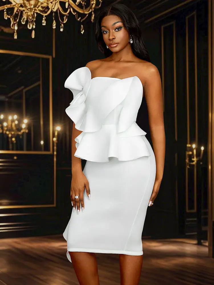 AOMEIDRESS White Wedding Clothes Peplum 3D Decoration Strapless Dress