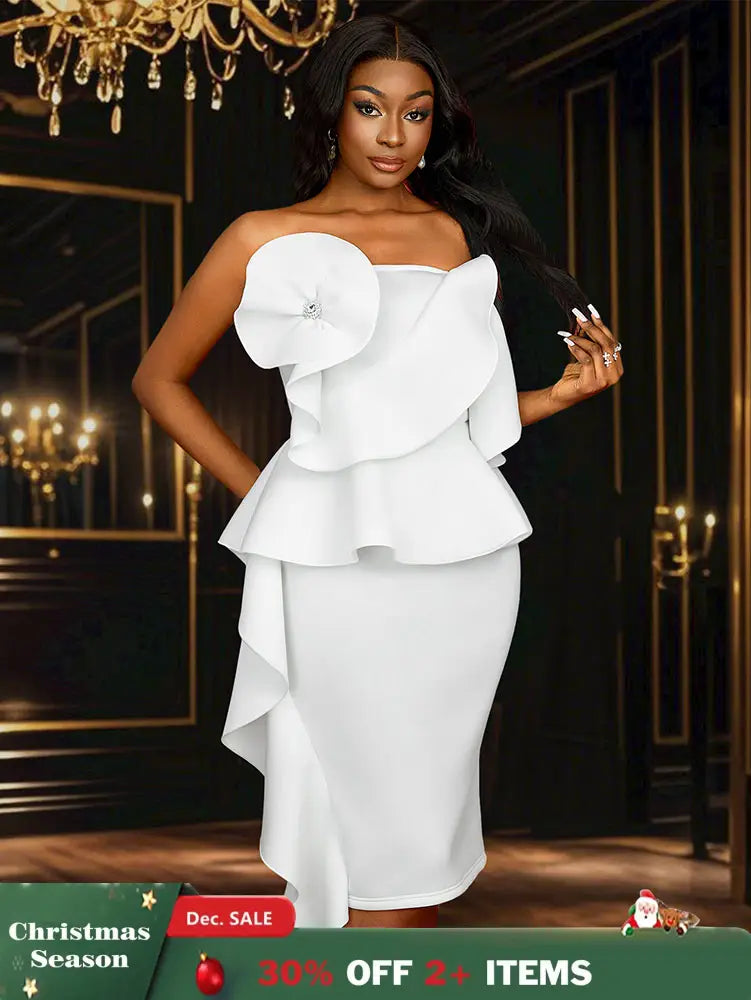 AOMEIDRESS White Wedding Clothes Peplum 3D Decoration Strapless Dress White / S