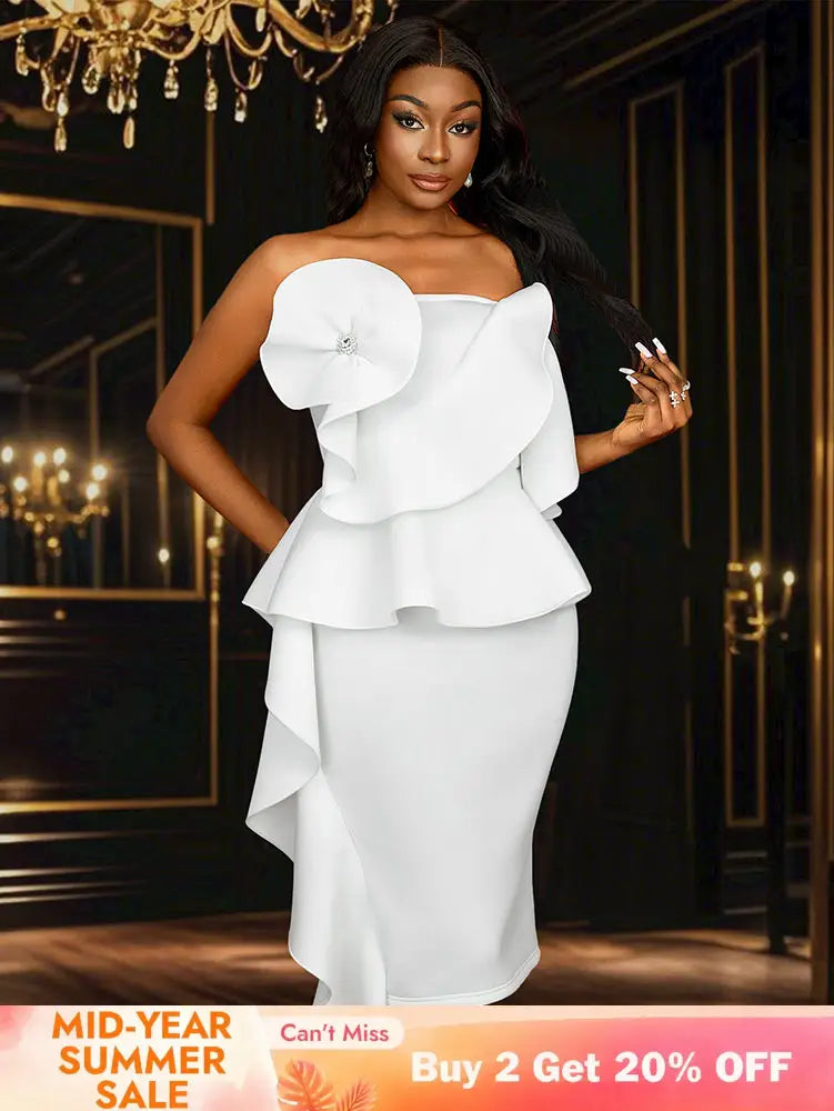 AOMEIDRESS White Wedding Clothes Peplum 3D Decoration Strapless Dress White / S