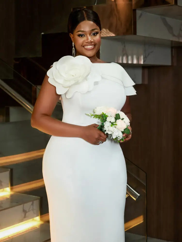 Elegant White Wedding Guest Dress For Women 3D Flower One Shoulder Slim Fit Long Dresses Banquet Prom Birthday Gowns Plus Size