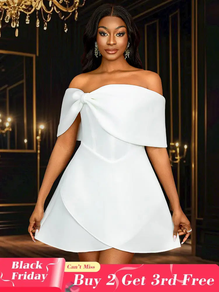 AOMEIDRESS White Wedding Shower Dress Bow A Line Grace Short Dresses White / S