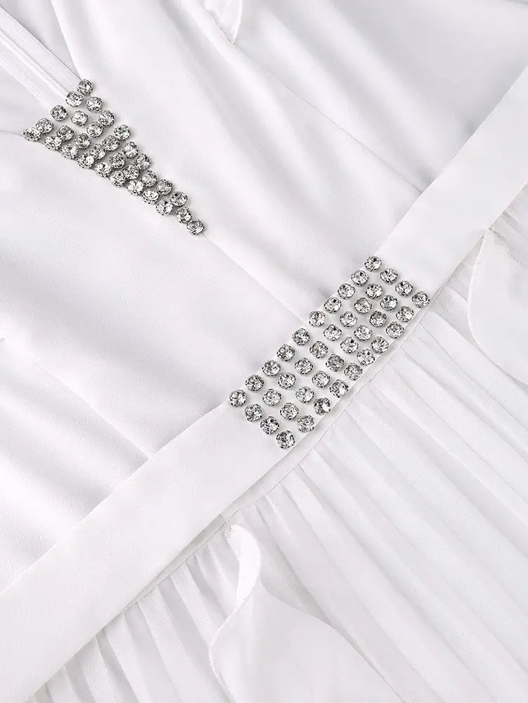 AOMEIDRESS Wide Leg Chiffon Jumpsuit V Neck Rhinestone Ruffle Pleated