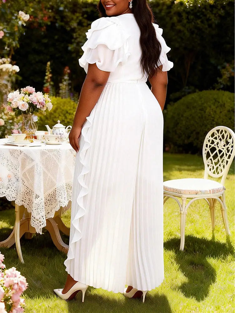 AOMEIDRESS Wide Leg Chiffon Jumpsuit V Neck Rhinestone Ruffle Pleated