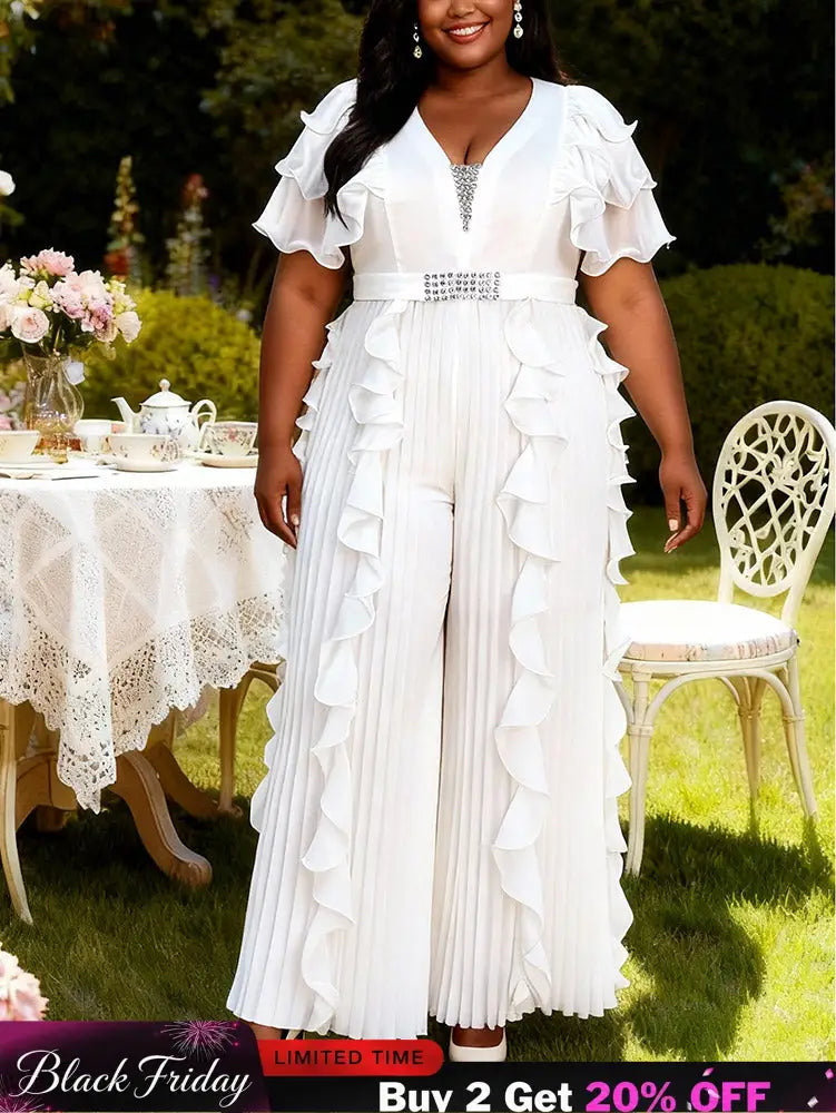 AOMEIDRESS Wide Leg Chiffon Jumpsuit V Neck Rhinestone Ruffle Pleated - White / L