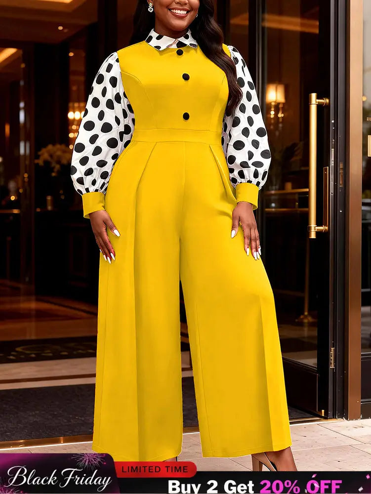 AOMEIDRESS Wide Leg Jumpsuit Colorblock Polka Dots Long Sleeve Button - Yellow / L