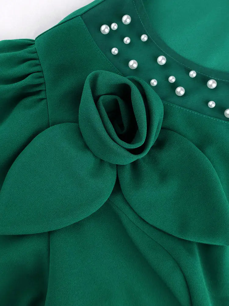 AOMEIDRESS Wide Leg Jumpsuit O Neck Lantern Sleeve Beading 3D Flower