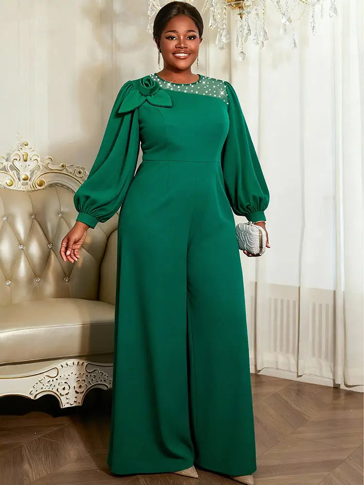AOMEIDRESS Wide Leg Jumpsuit O Neck Lantern Sleeve Beading 3D Flower