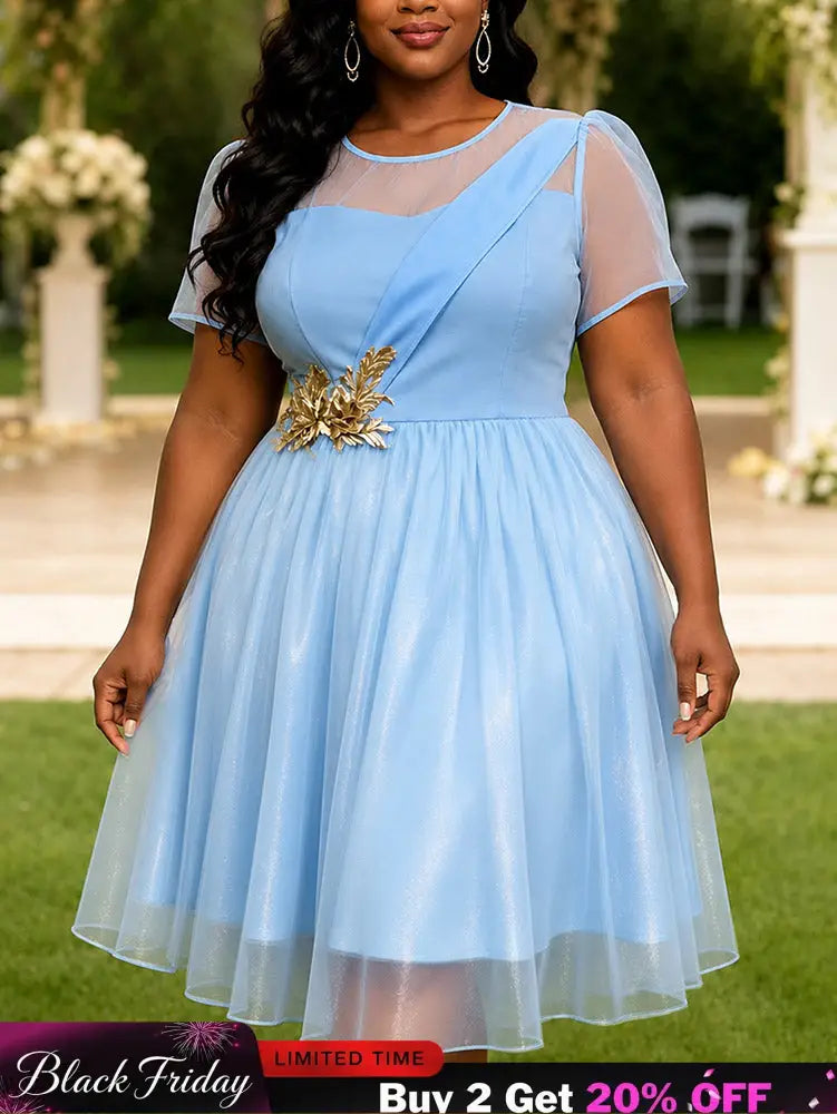 AOMEIDRESS Women A Line Dress O Neck Short Sleeves Appliques Mesh Hem - LightBlue / L