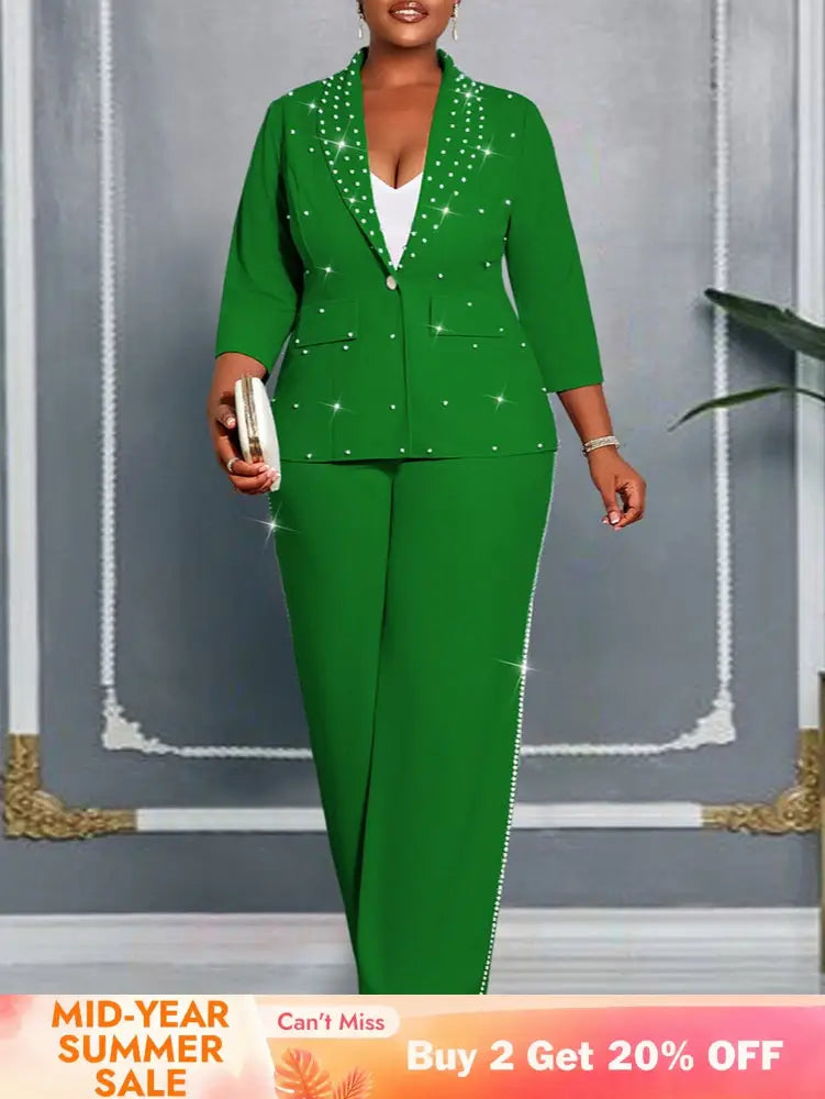 AOMEIDRESS Women Beaded Two Piece Set Turn Down Blouse Wide Leg Pants - Green / L