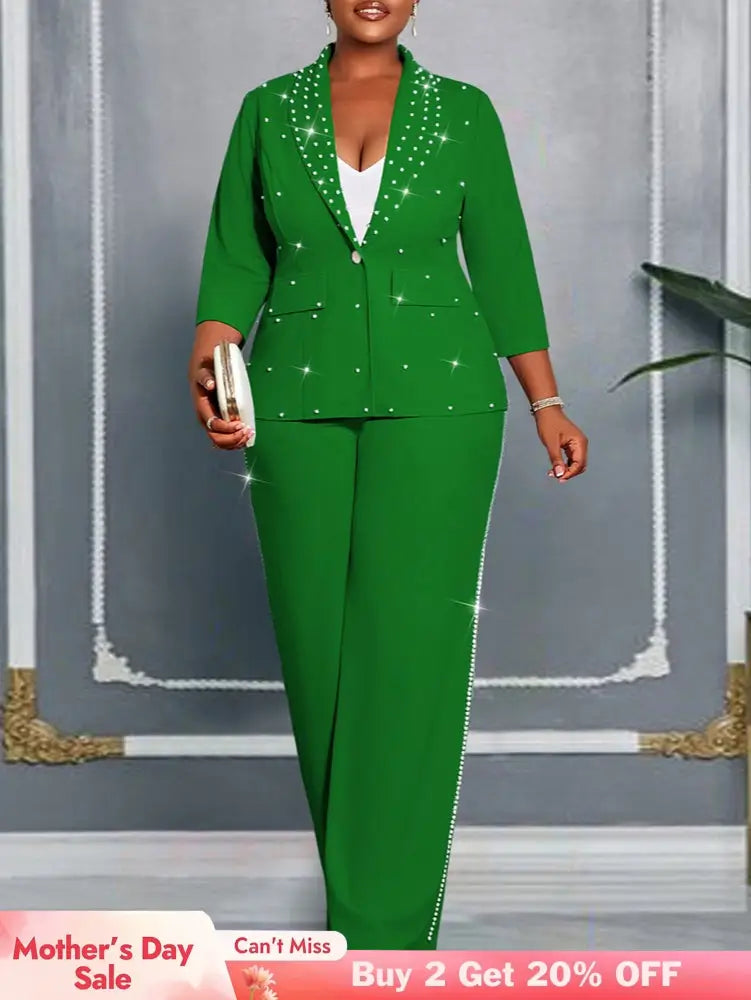 AOMEIDRESS Women Beaded Two Piece Set Turn Down Blouse Wide Leg Pants - Green / L