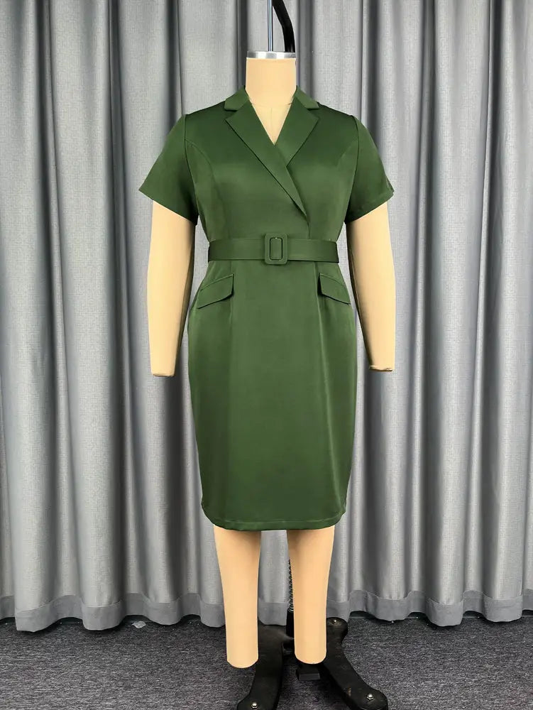AOMEIDRESS Women Blazer Dress Notched Collar Short Sleeve Belt Office