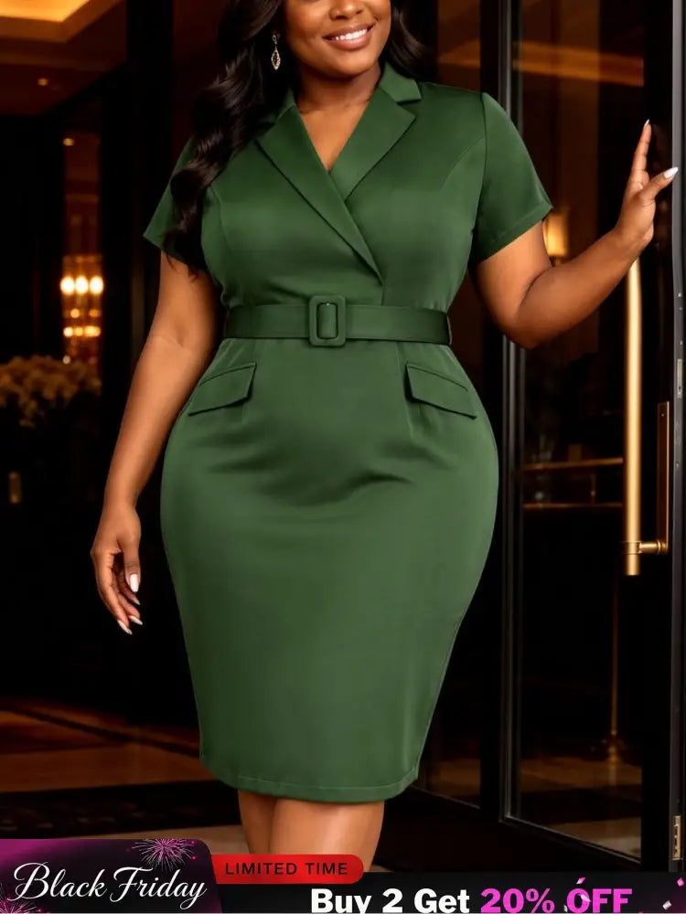 AOMEIDRESS Women Blazer Dress Notched Collar Short Sleeve Belt Office - ArmyGreen / L