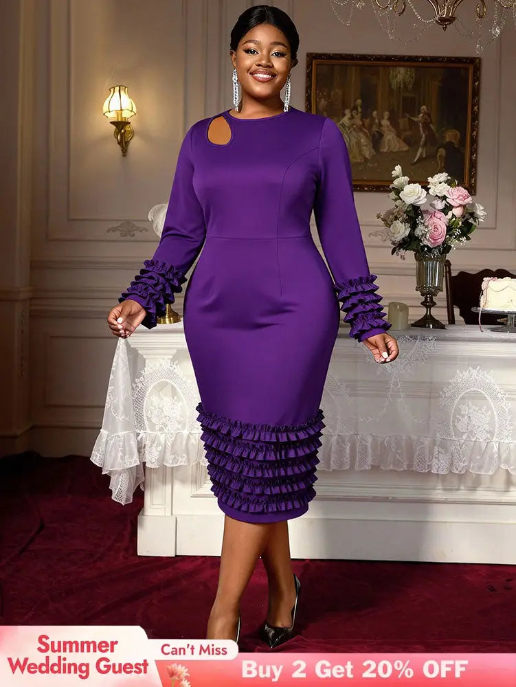 AOMEIDRESS Women Bodycon Dress O Neck Hollow Out Ruffles Party Gowns DeepPurple / L