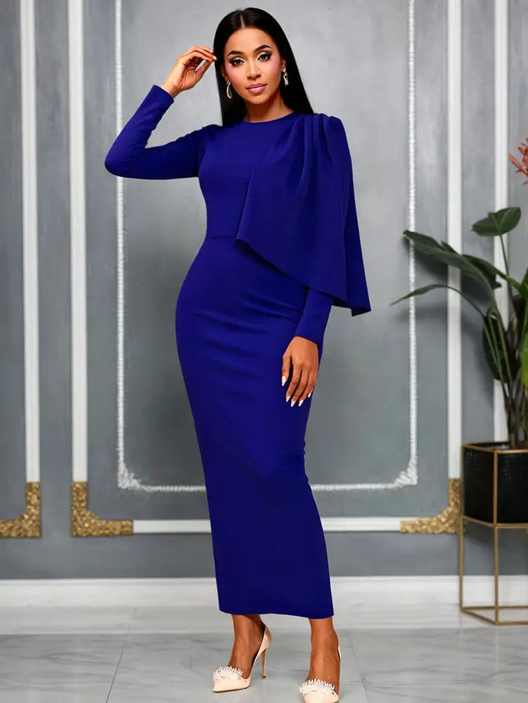 AOMEIDRESS Women Bodycon Dress O Neck Long Sleeve Draped Party Gowns