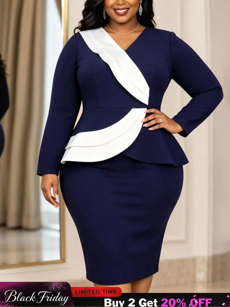 AOMEIDRESS Women Bodycon Dress V Neck Long Sleeve Ruffle Peplum