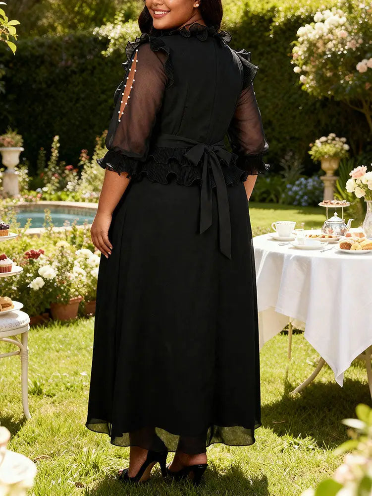 AOMEIDRESS Women Chiffon Dress Ruffles Puff Sleeve Wedding Guest Gown