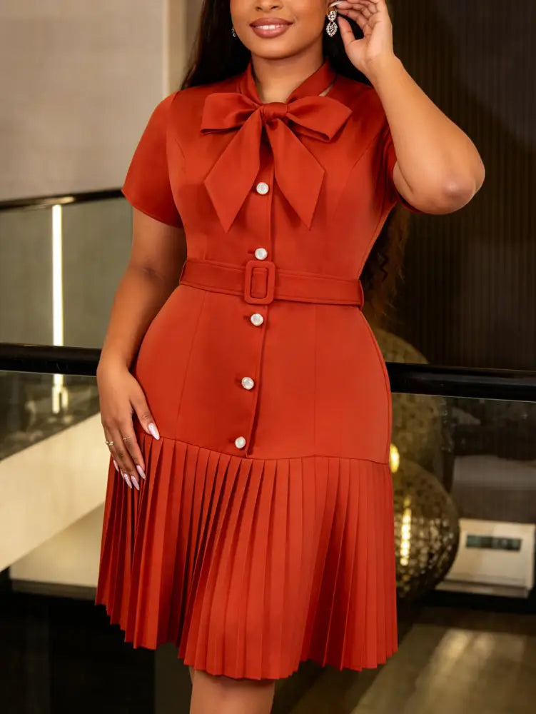 AOMEIDRESS Women Elegant Blazer Pleated Dress Bow Neck Short Sleeve