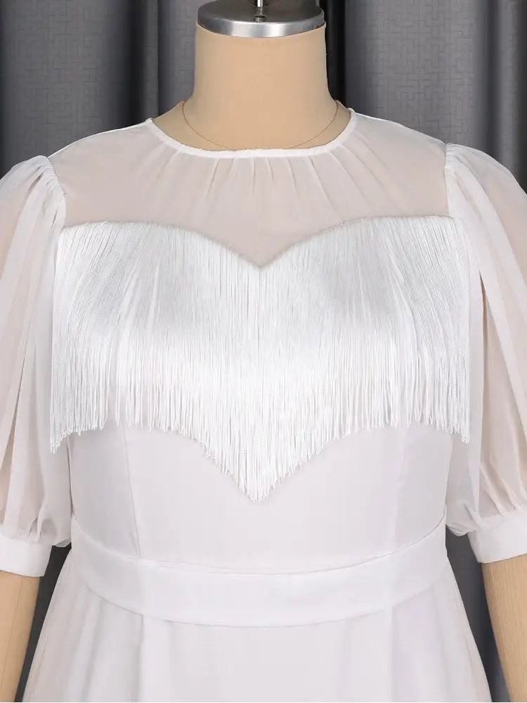 AOMEIDRESS Women Elegant Chiffon Dress O Neck Puff Sleeve Tassel