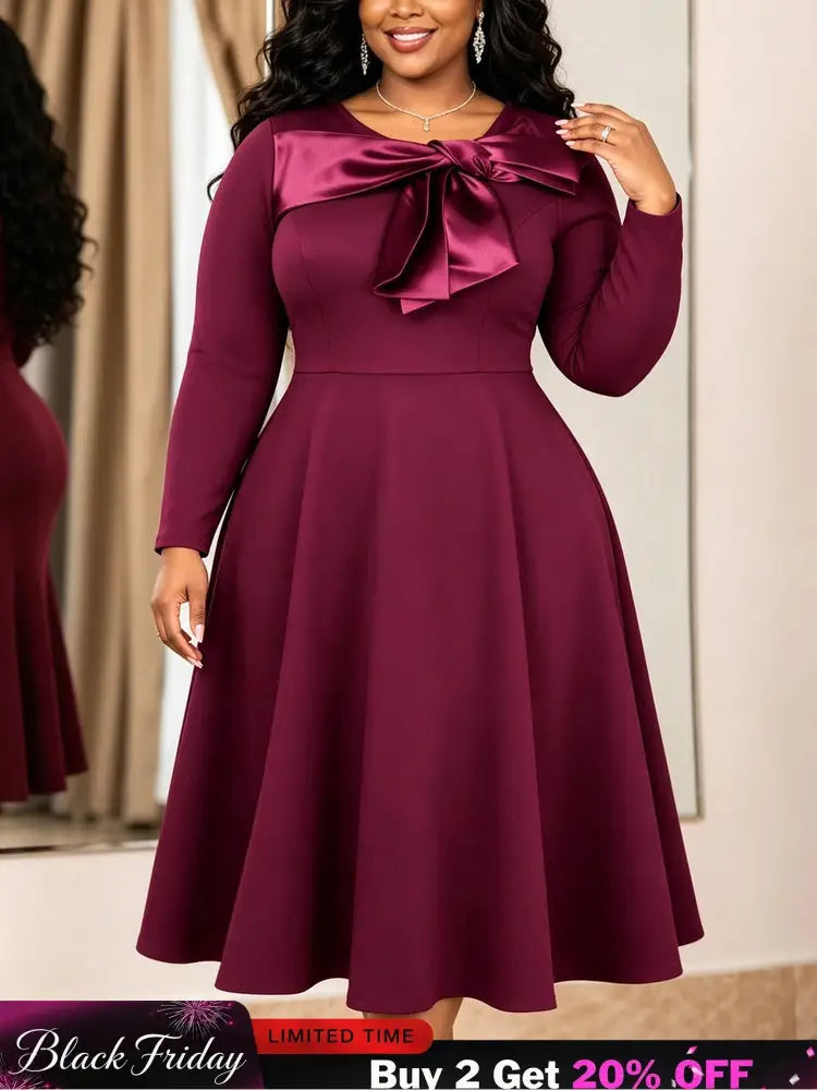 AOMEIDRESS Women Elegant Midi Dress O Neck Satin Bow Long Sleeve