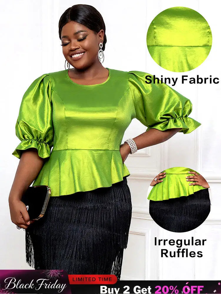 AOMEIDRESS Women Elegant Shiny Blouse O Neck Puff Sleeves Peplum Hem MustardGreen / L