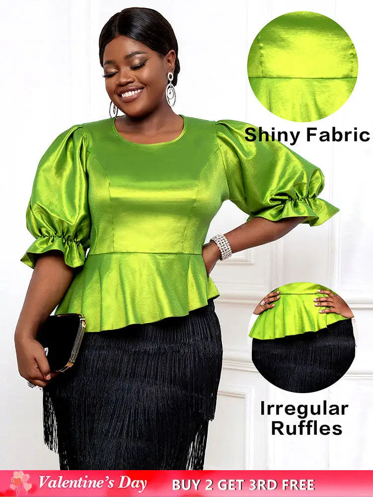 AOMEIDRESS Women Elegant Shiny Blouse O Neck Puff Sleeves Peplum Hem MustardGreen / L