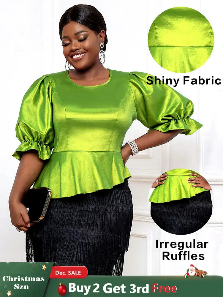 AOMEIDRESS Women Elegant Shiny Blouse O Neck Puff Sleeves Peplum Hem MustardGreen / L