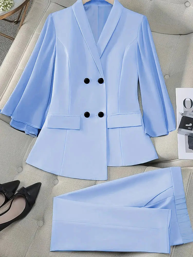 AOMEIDRESS Women Flare Sleeve Blazer Slim Pants Suit Office Lady Wear