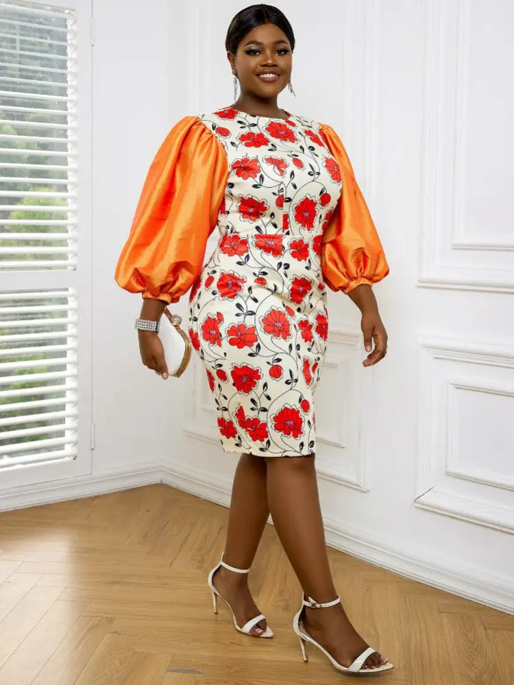 Lantern Sleeve Plus Size Knee-length Dress