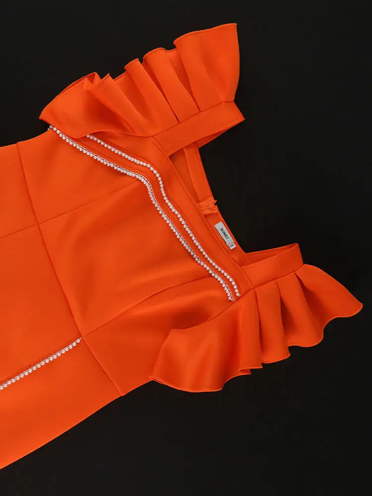 AOMEIDRESS Women Orange Beaded Dress Ruffles Sleeve Wedding Guest Gown