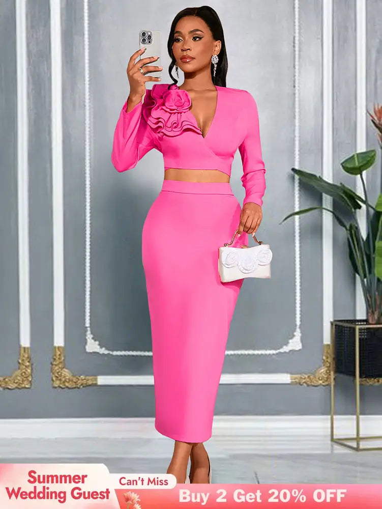 AOMEIDRESS Women Pink Two Pieces Set Ruffles Crop Tops Bodycon Skirts Pink / S
