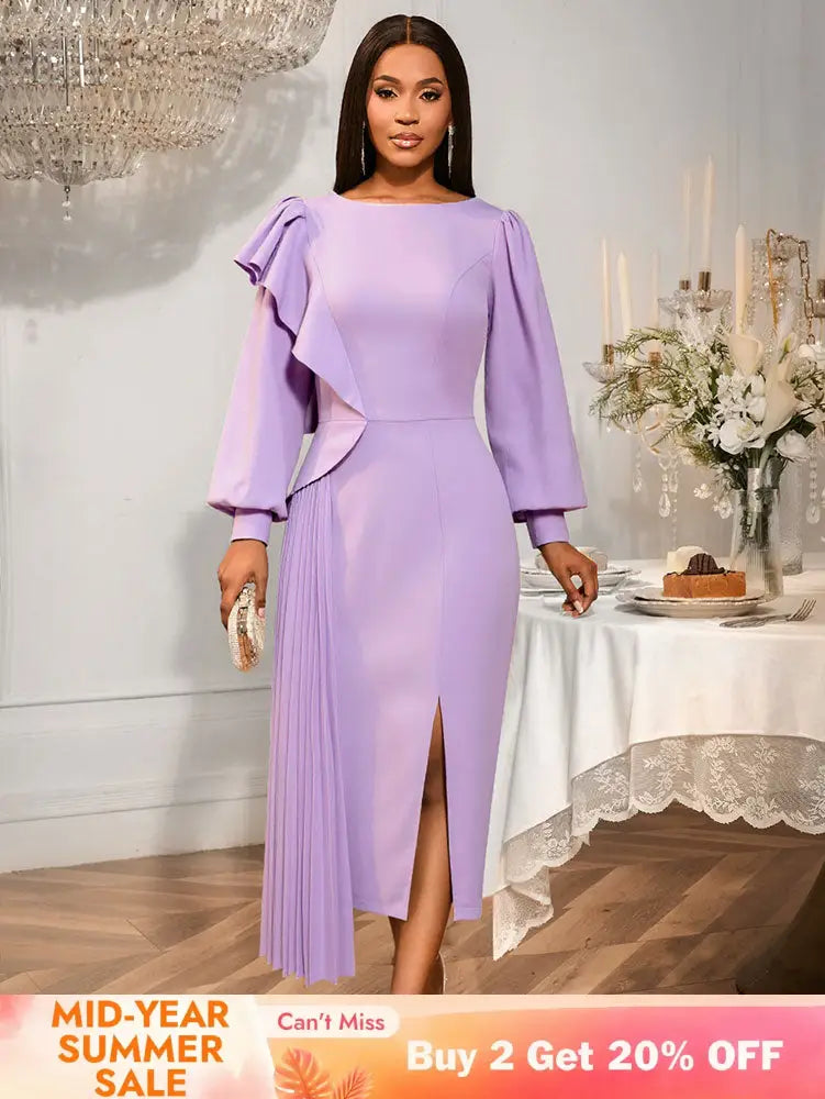 AOMEIDRESS Women Pleated Bodycon Dress Lantern Sleeve Party Clothing Lavender / S