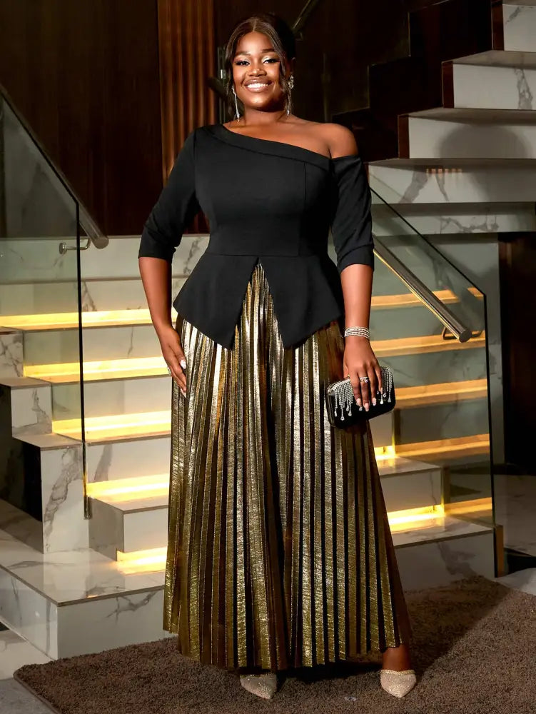 Plus Size Women Skirts Sets Irregular Black Half Sleeve Tops and High Elastic Waist Metallic A Line Skirt for Ladies Evening