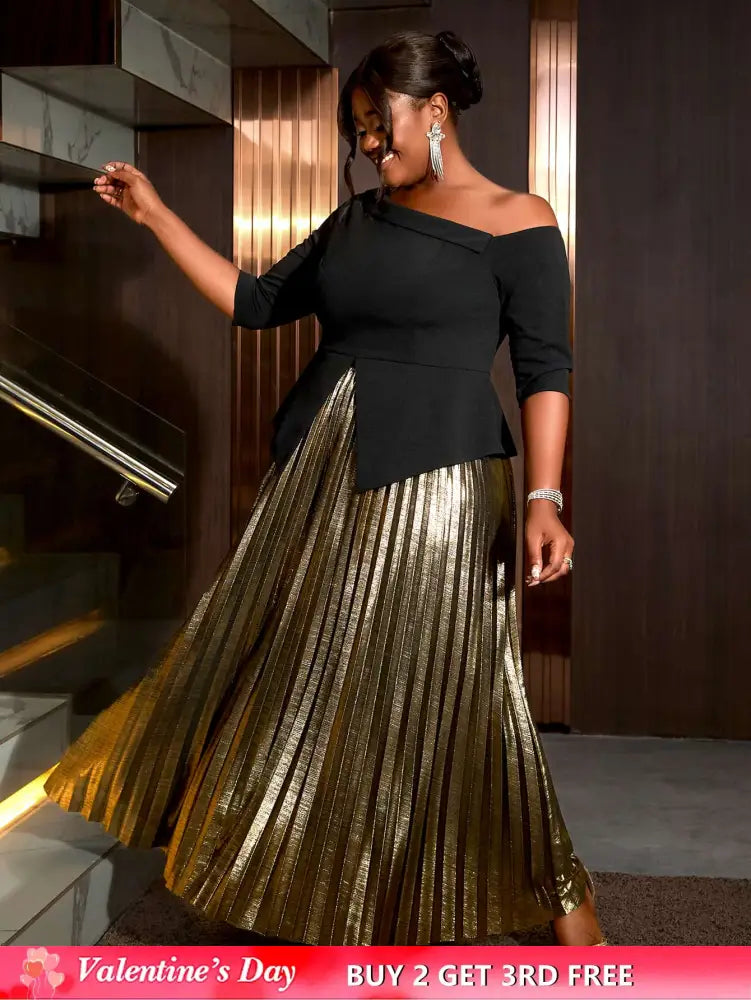 AOMEIDRESS Women Skirts Sets Irregular Black Half Sleeve High Elastic Waist